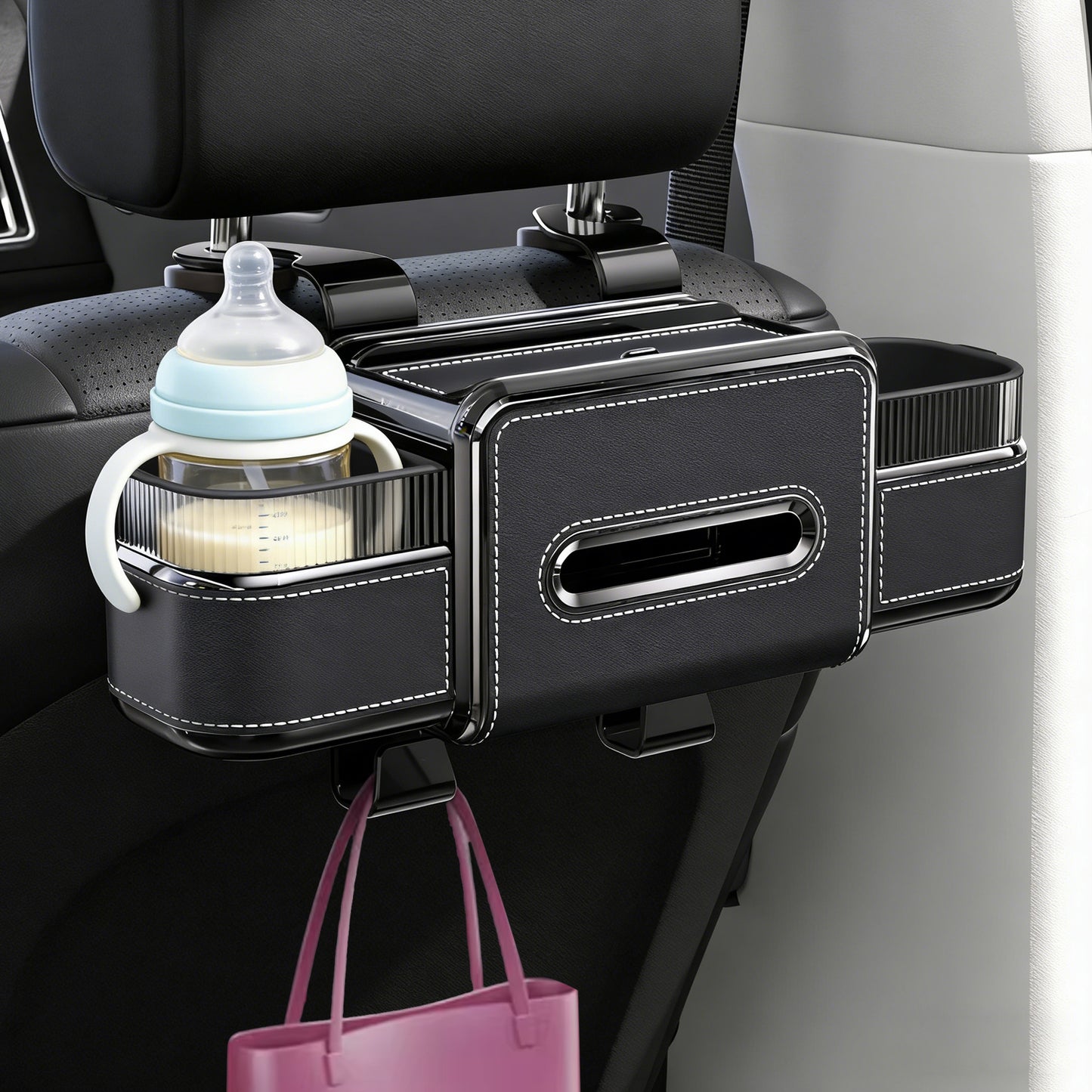 Rear Seat Cup Holder Back Seat Car Organizer 6 in 1 Multifunctional Car Back Seat Storage Box with Drink Cup Holder Tissue Box for Car Phone Holder Snacks Drinks Handbag Makeup Mirror Black
