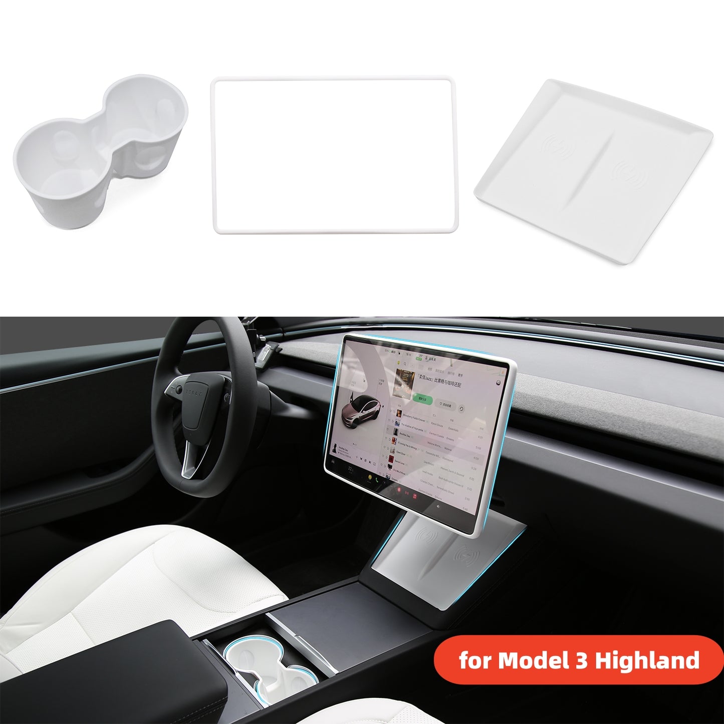 Cup Holders Screen Edge Protector Wireless Charger Mat Silicone 3PCs Upgraded Accessories for Model 3/Highland/Y/Juniper