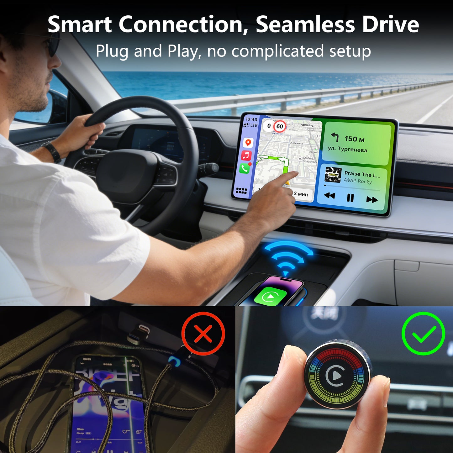 Wireless Carplay Adapter, Wireless Car Play Adapter Converter Wired to Wireless, Mini and Stable Wireless Car Play Compatible with iPhone iOS 10+, USB-A/C