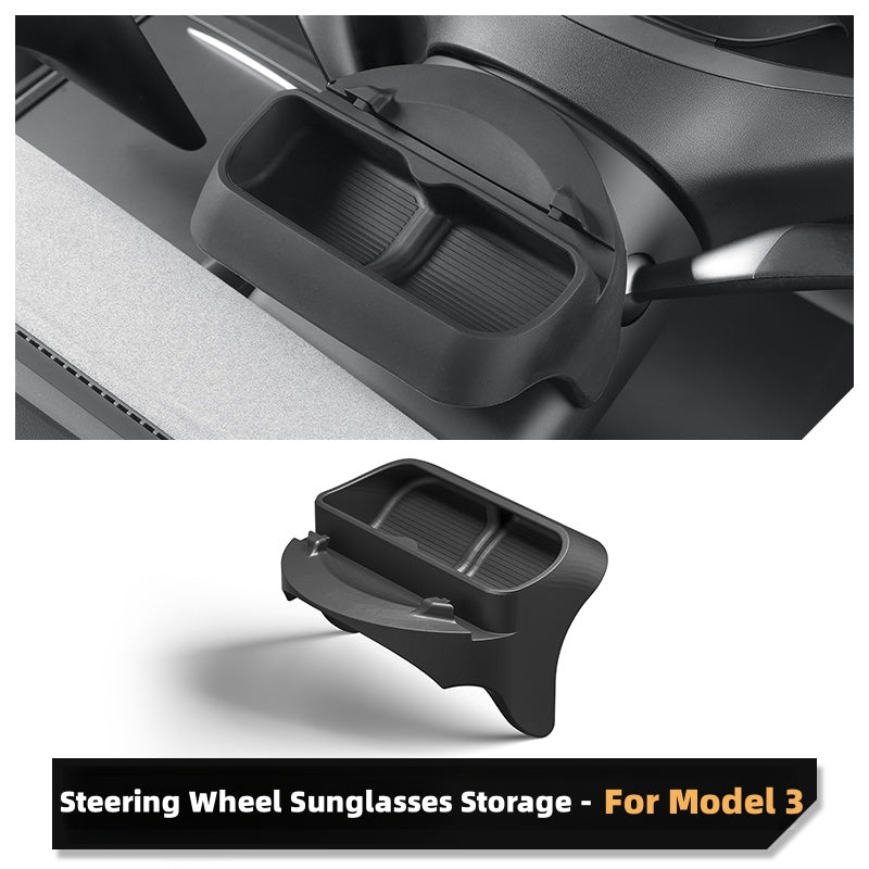 Steering Wheel Storage Box with Silicone Mobile Phone Holder and Glasses Storage for Model 3 Y Highland Accessories