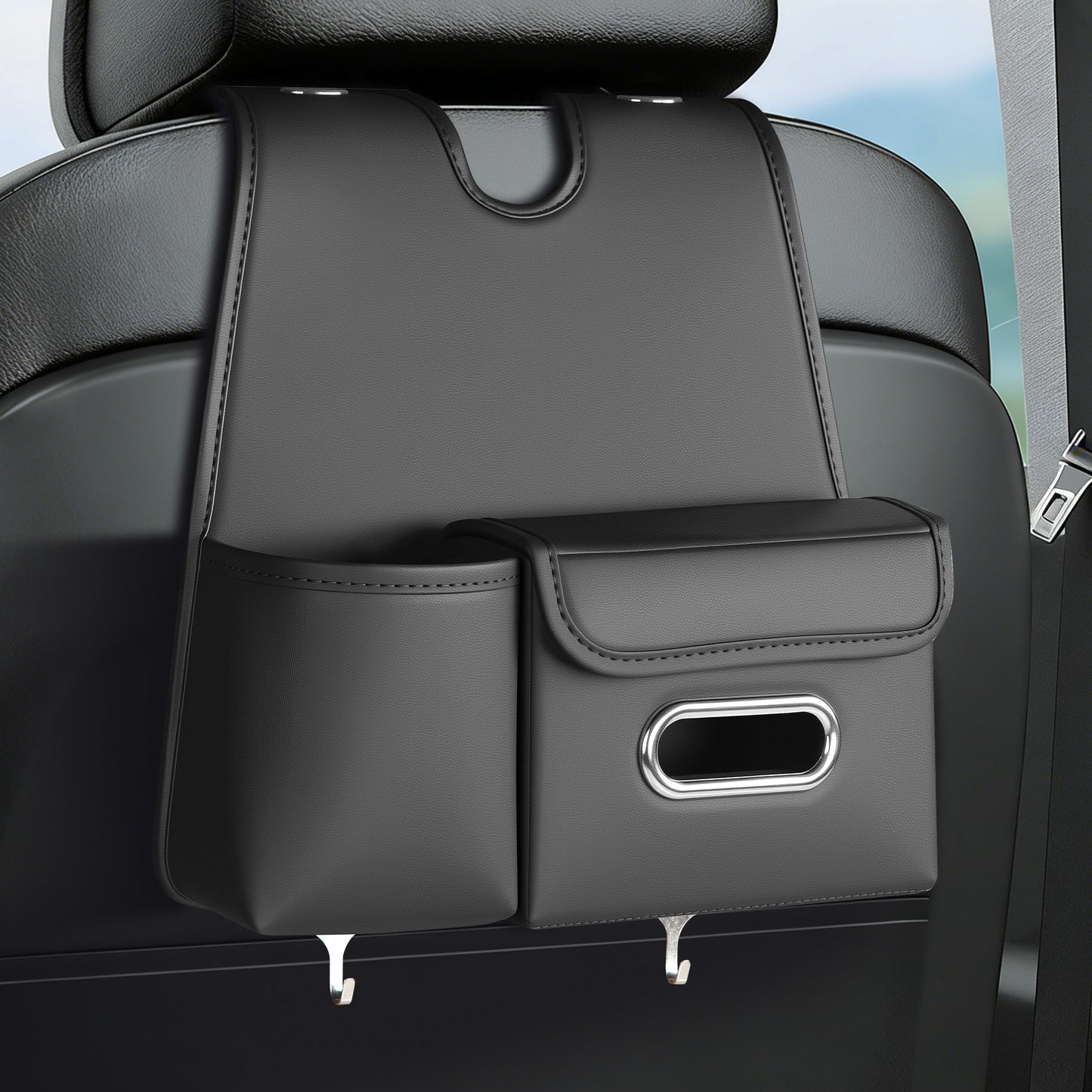 Car Organizer Back Seat, Car Water Cup travel tissue holder Organization Universal car seat back storage sedan SUV compatible vehicle interior accessories Hand-sewn car leather storage bag