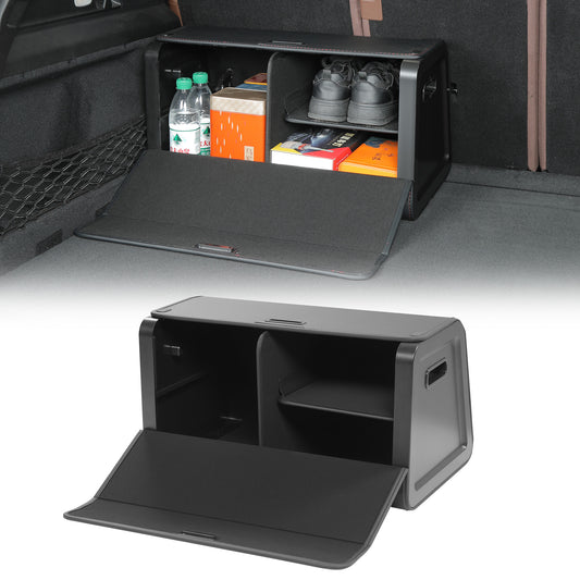 Premium Leather Trunk Organizer for 2025 2026 Tesla Model Y Juniper & Model 3 Highland Refresh Model Y Rear Trunk Storage Box Foldable Cargo Bins Luxury Custom-Fit Storage Box Space-Saving Accessories