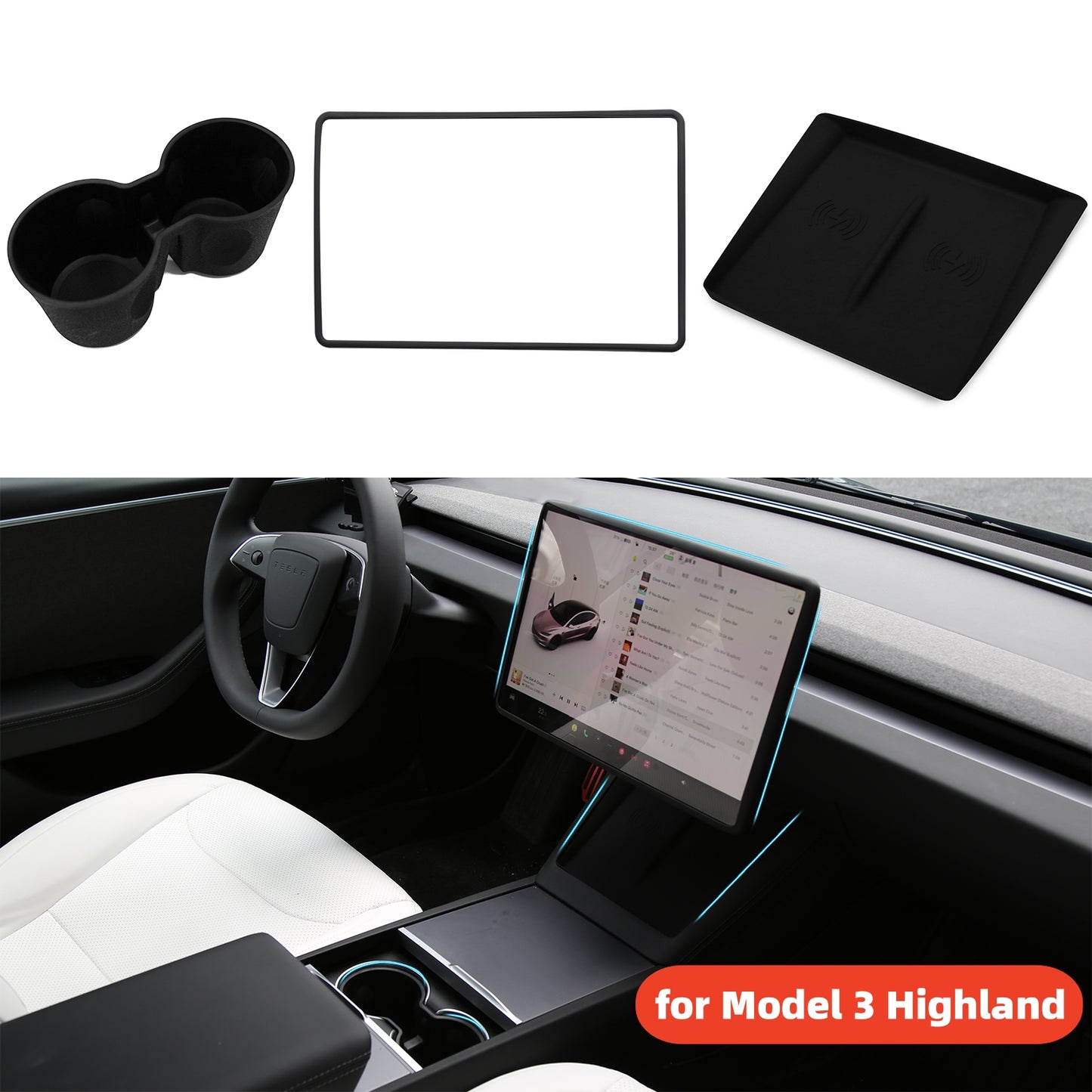 Cup Holders Screen Edge Protector Wireless Charger Mat Silicone 3PCS Upgraded Accessories for Model 3/Y
