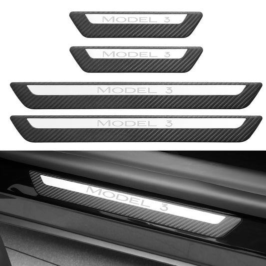 4PCS Door Sill Guards Kit ABS Carbon Fiber Aluminum Alloy Fits for Tesla Model Y/3 Anti-Kick Protection for Your Original Vehicle