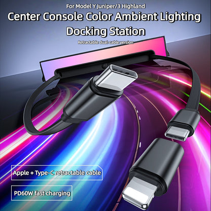 Fast Charging Center Console Hub RGB Ambient Light With Retractable Cables For Tesla Model Y Juniper & Model 3 Highland