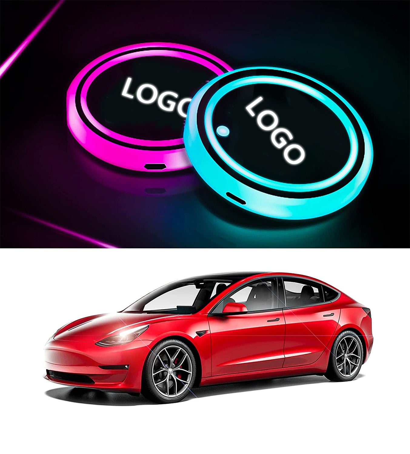 LED Car Cup Holder Lights, 7 Colors Changing USB Mat Luminescent Cup Pad fits for Model 3/Y/S/X(2Pcs)