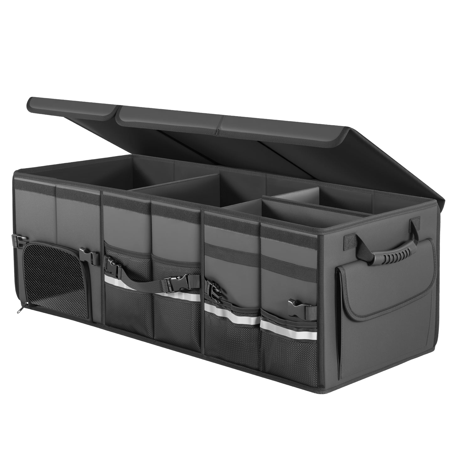 Trunk Organizer Car Organizer Leather Storage Box 3-grid Foldable | For SUVs & Pickup Truck Sedans Sturdy Organization for Car Accessories, Tools Sundries Collapsible and Adjustable 35.5 Inch