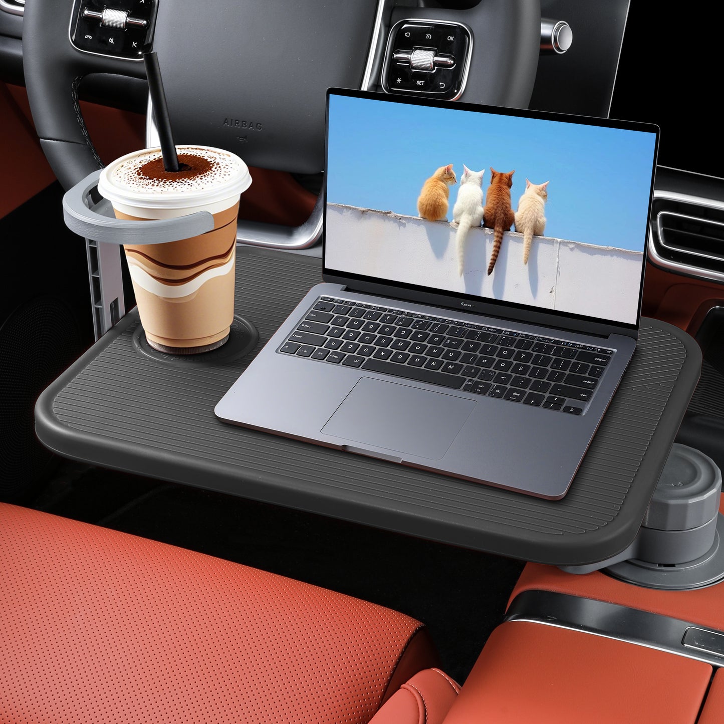 360° Rotating Wood Car Table Tray With Cup Holder Aluminum Mount Steering Wheel Laptop Desk for Most Vehicles