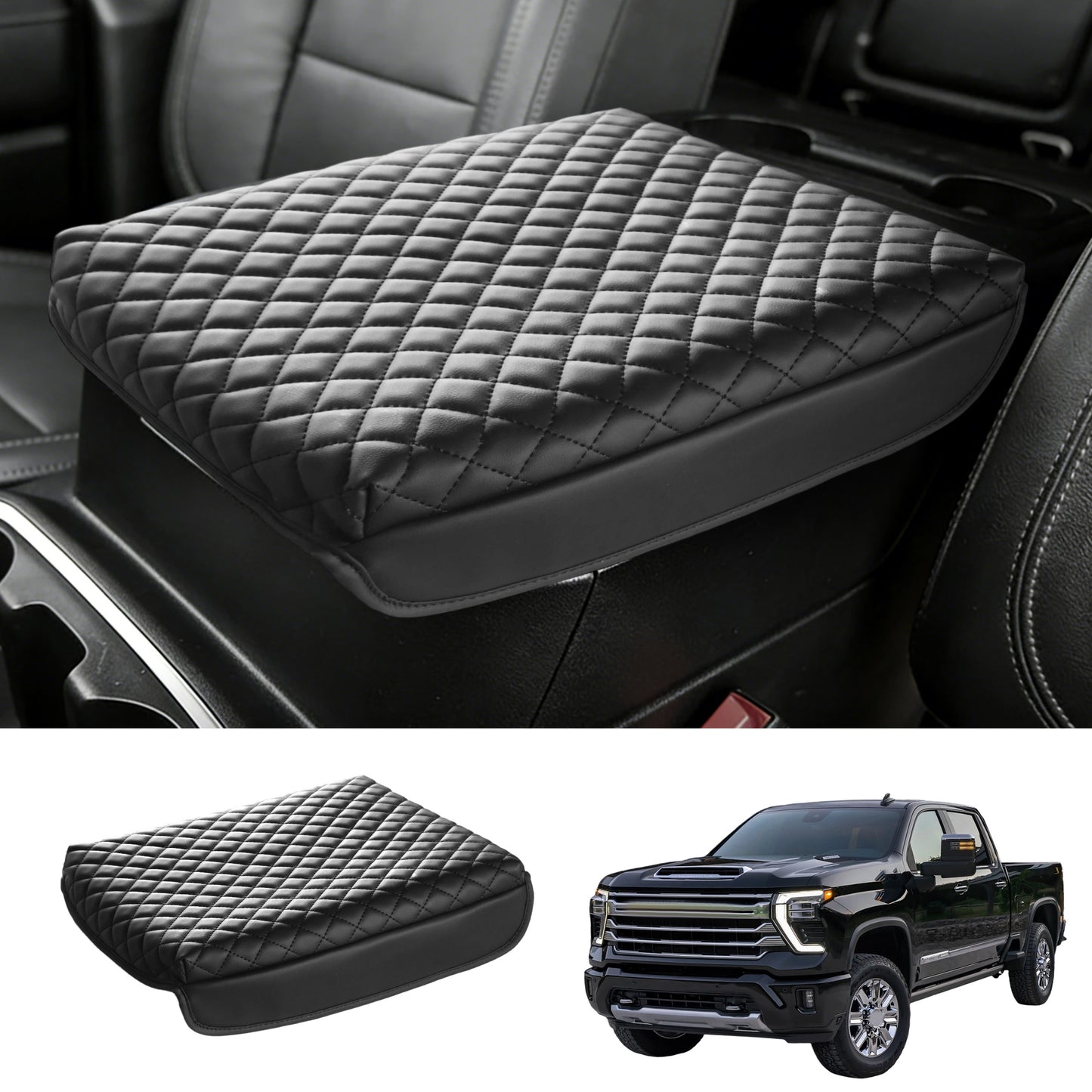 Kryt loketní opěrky středové konzoly Kompatibilní s 2019-2026 GMC Sierra & Chevy Silverado pro 2021-2026 Tahoe Yukon Suburban (pouze podlahová konzola Bucket-Seat) – Vinylová kožená lišta odolná proti poškrábání, černá