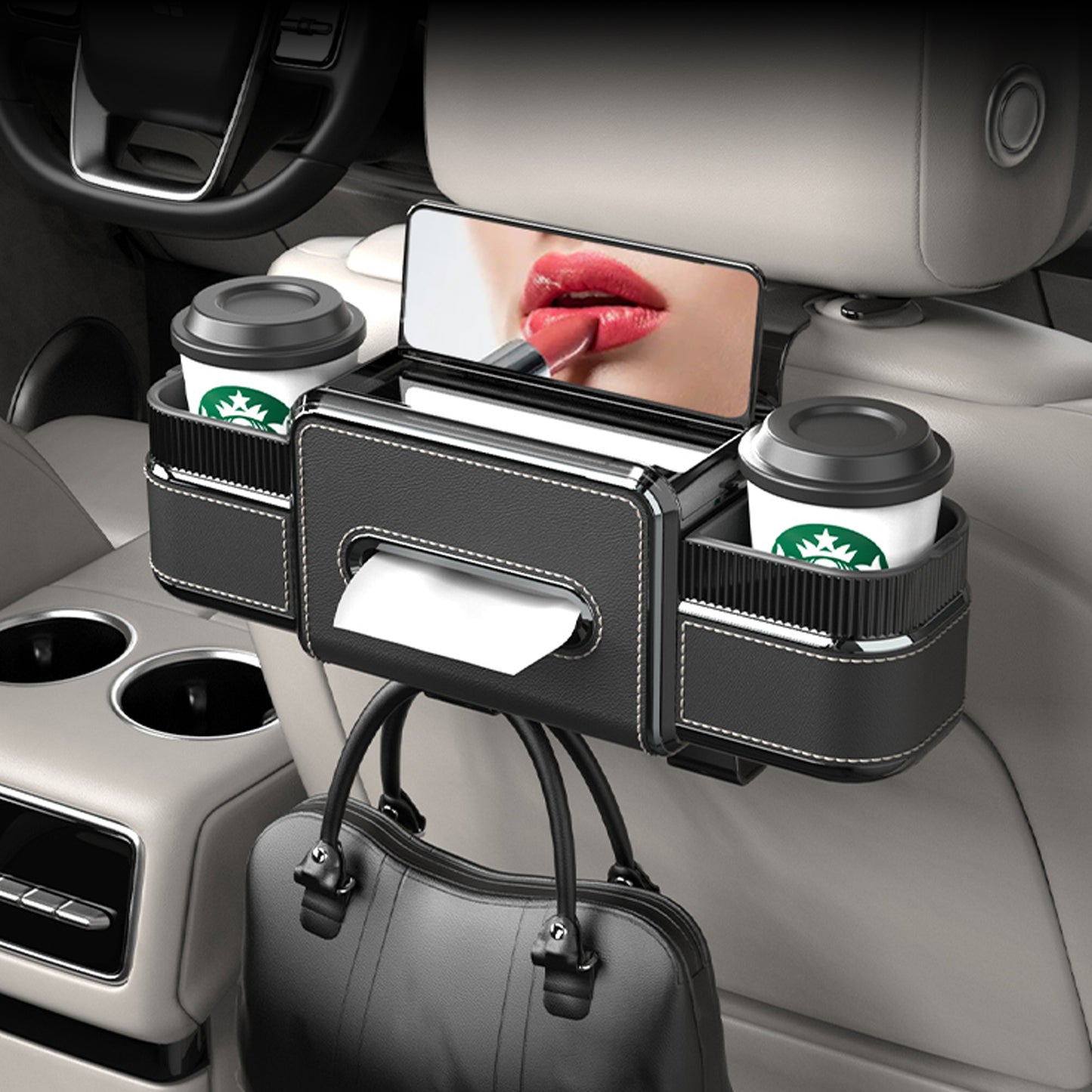 Rear Seat Cup Holder Back Seat Car Organizer 6 in 1 Multifunctional Car Back Seat Storage Box with Drink Cup Holder Tissue Box for Car Phone Holder Snacks Drinks Handbag Makeup Mirror Black