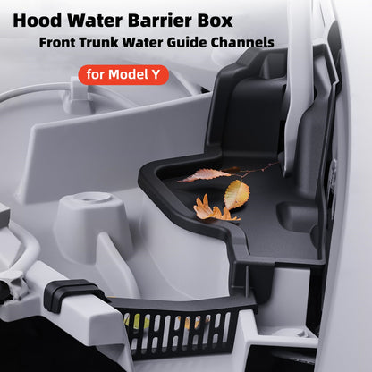 Caja de barrera de agua para capó, accesorios esenciales, canales de guía de agua para maletero delantero para Tesla modelo Y 2021-2024 (1 juego)