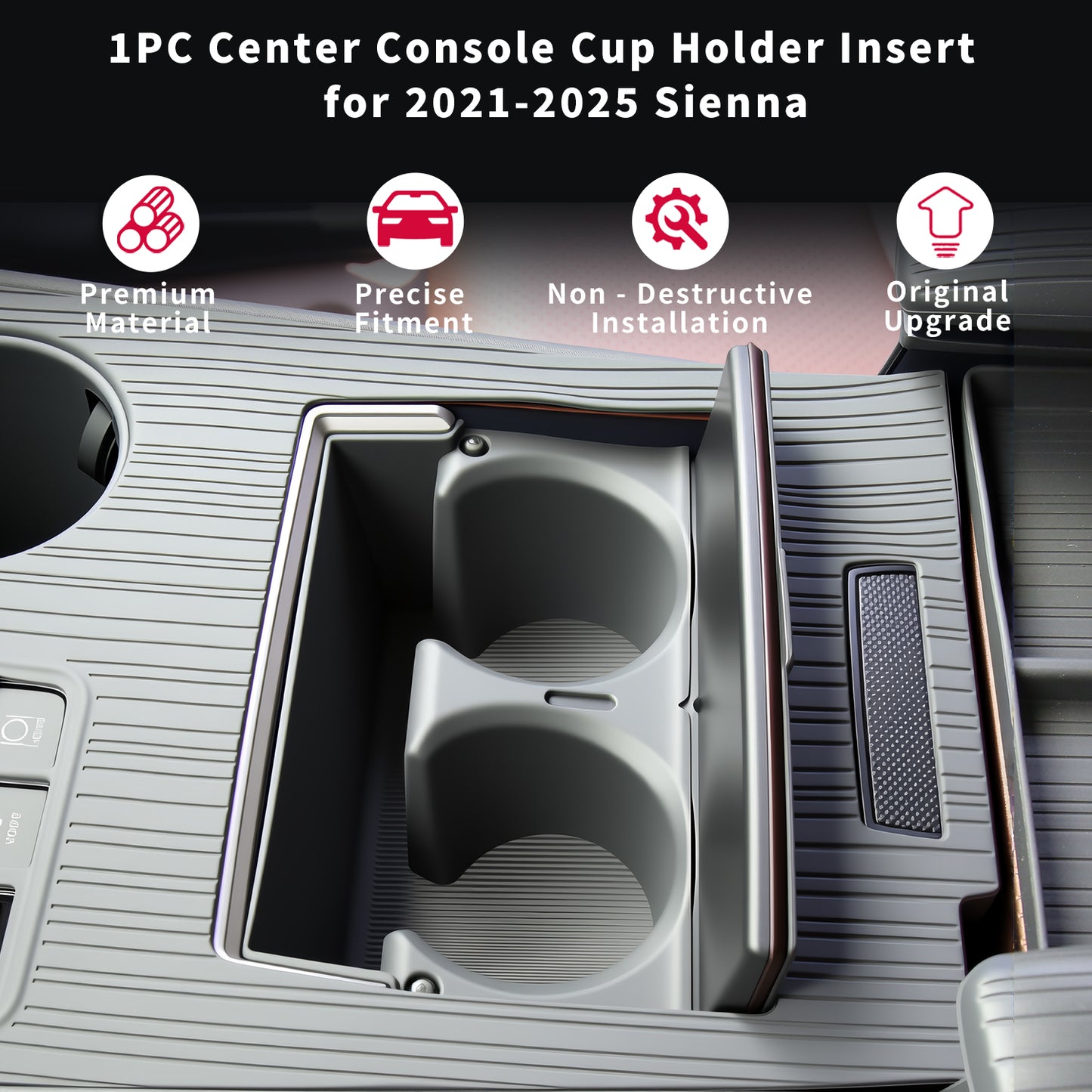 Center Console Cup Holder Insert for Sienna 2021 2022 2023 2024 2025,2025 Upgraded Organizer TPE Cup Holder for Sienna Interior Accessories