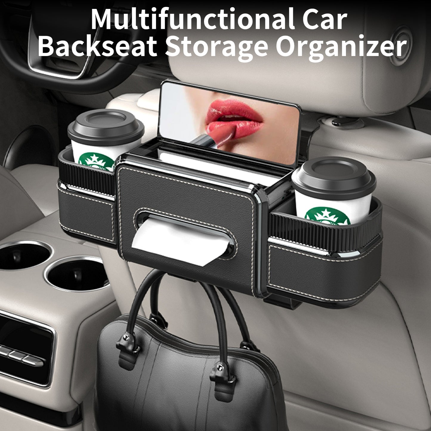Rear Seat Cup Holder Back Seat Car Organizer 6 in 1 Multifunctional Car Back Seat Storage Box with Drink Cup Holder Tissue Box for Car Phone Holder Snacks Drinks Handbag Makeup Mirror Black