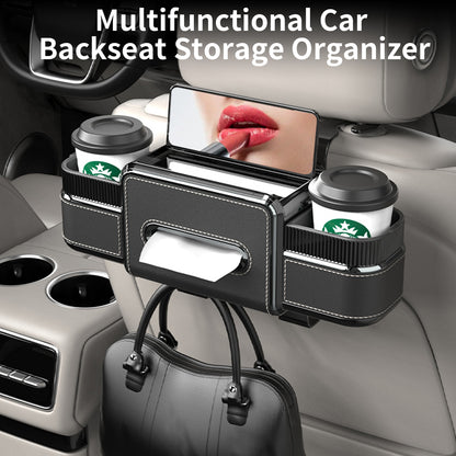 Rear Seat Cup Holder Back Seat Car Organizer 6 in 1 Multifunctional Car Back Seat Storage Box with Drink Cup Holder Tissue Box for Car Phone Holder Snacks Drinks Handbag Makeup Mirror Black