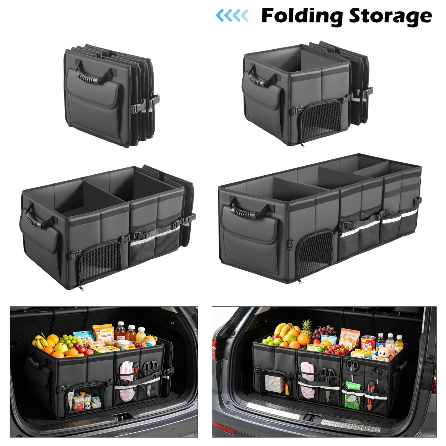 Trunk Organizer Car Organizer Leather Storage Box 3-grid Foldable | For SUVs & Pickup Truck Sedans Sturdy Organization for Car Accessories, Tools Sundries Collapsible and Adjustable 35.5 Inch