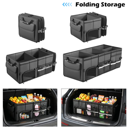 Trunk Organizer Car Organizer Leather Storage Box 3-grid Foldable | For SUVs & Pickup Truck Sedans Sturdy Organization for Car Accessories, Tools Sundries Collapsible and Adjustable 35.5 Inch