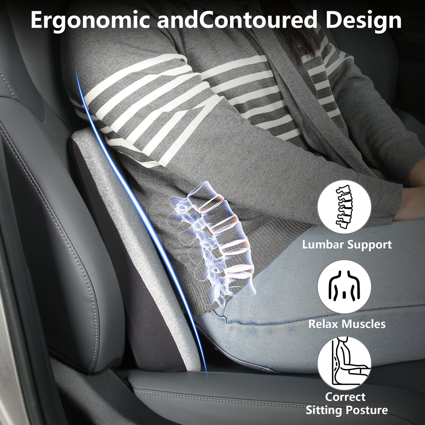 Cojín de asiento de coche, cojines de cuña 2 en 1 o soporte lumbar para conducir, cojín de asiento de espuma viscoelástica extra grande para aliviar el dolor de ciática, cojín de asiento del conductor para coche camión