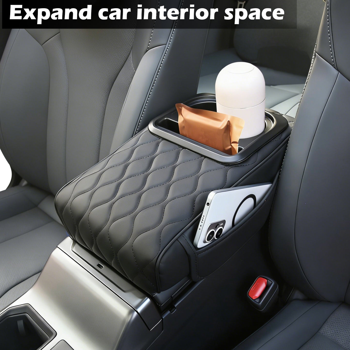 Upgraded Heightening Cup Holder Car Center Console Cover, Leather Car Armrest Cover Cushion with 2 Storage Bags,Car Armrest Storage Box Interior Accessories for Most Vehicles