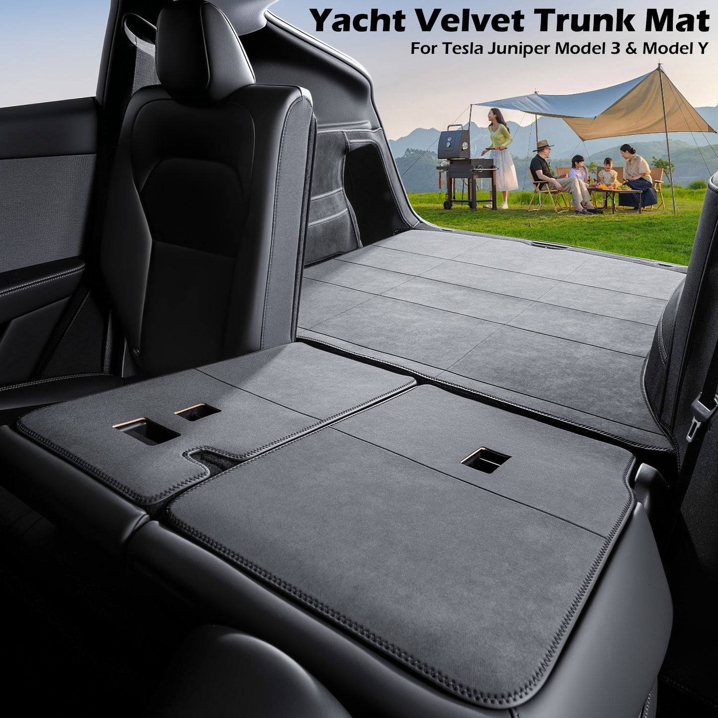 Cargo Liner pro Tesla Model Y Juniper 2025 2026 Rohož do kufru do každého počasí s chrániči zádové opěrky pro Příslušenství Model Y 5 sedadel Ochranné podložky na zadní sedadla proti poškrábání Černá