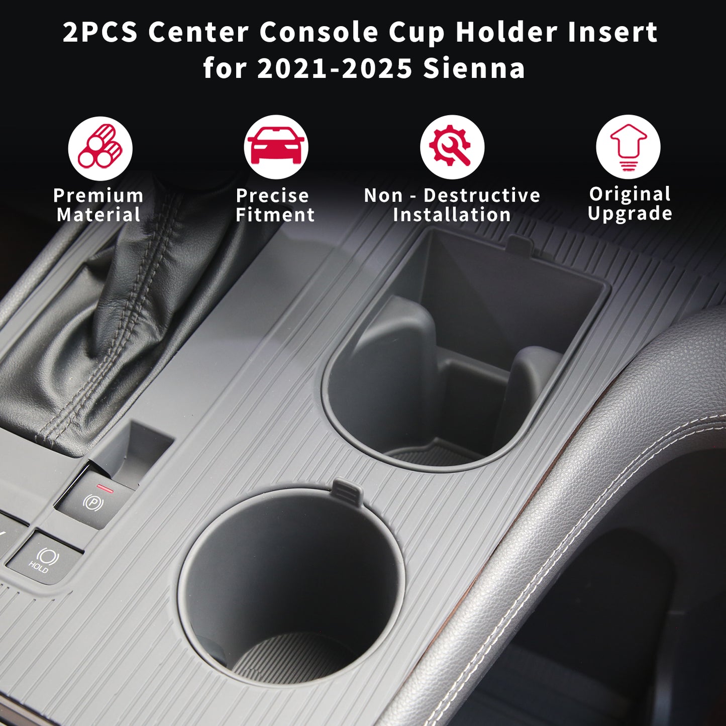 2PCS Center Console Cup Holder Insert for Sienna 2021 2022 2023 2024 2025,2025 Upgraded Organizer TPE Cup Holder for Sienna Interior Accessories