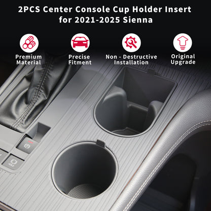 2PCS Center Console Cup Holder Insert for Sienna 2021 2022 2023 2024 2025,2025 Upgraded Organizer TPE Cup Holder for Sienna Interior Accessories
