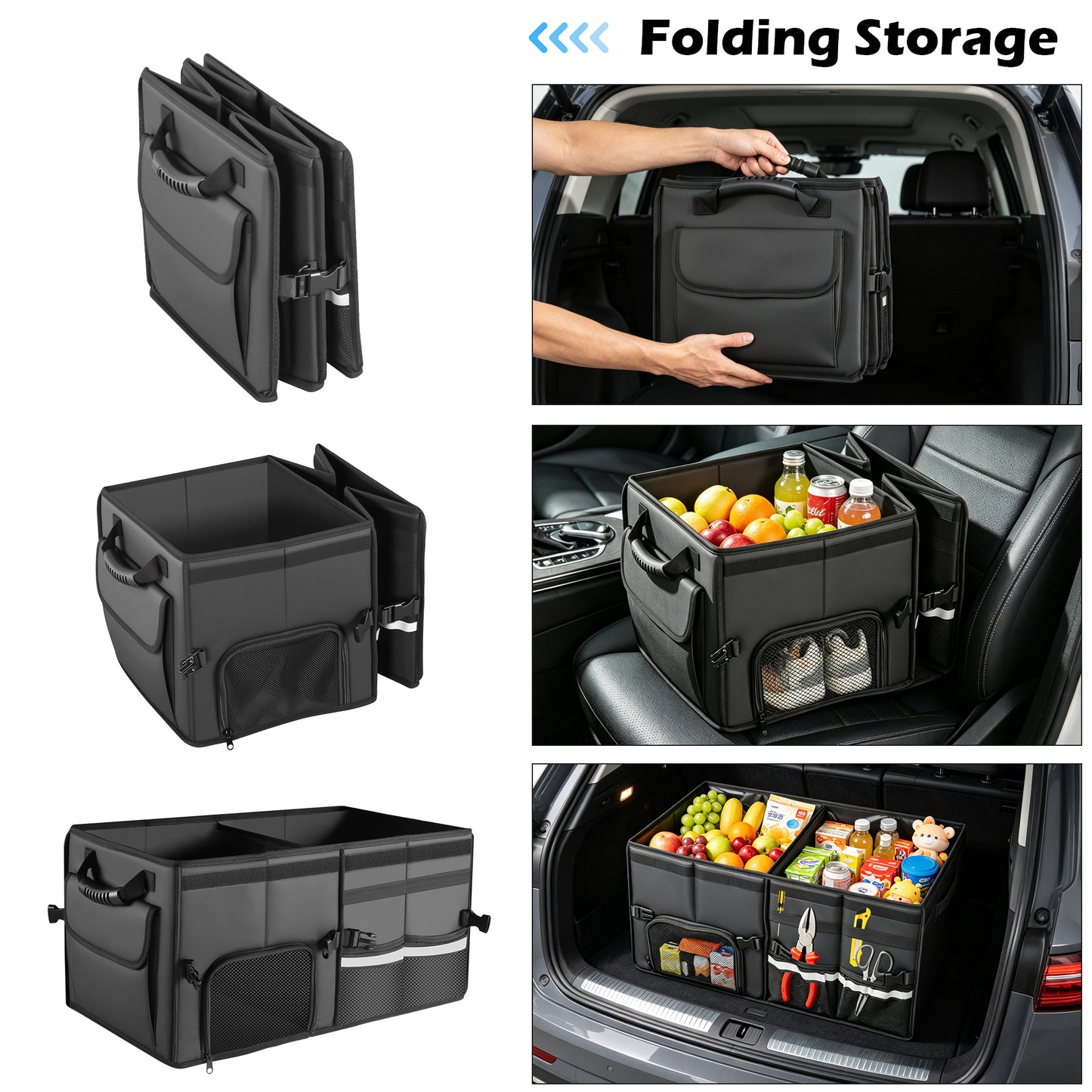 Trunk Organizer Car Organizer Leather Storage Box 2-grid Foldable | For SUVs & Pickup Truck Sedans Sturdy Organization for Car Accessories, Tools Sundries Collapsible and Adjustable 23.6 Inch