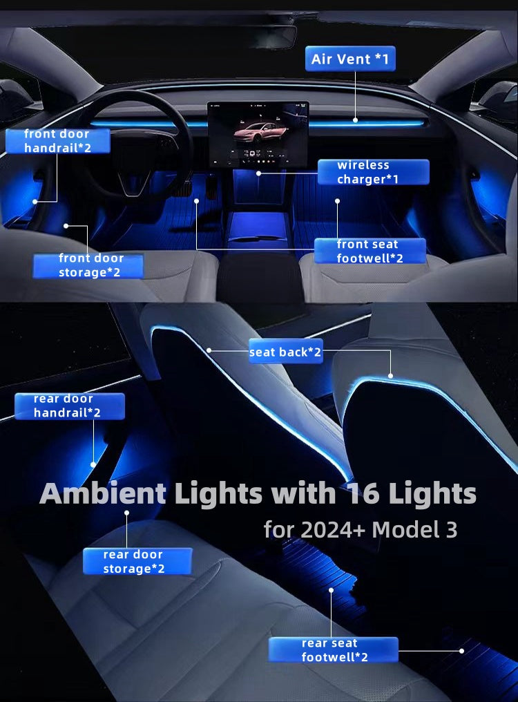 Car Ambient Interior Lighting RGB 128-color LED Strip Lights APP Control for Model 3/highland/Y