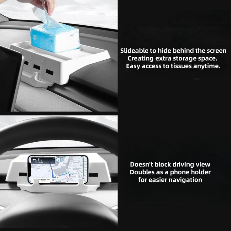 Caja de almacenamiento de pantalla de tablero Bandeja oculta de silicona para Tesla Model 3 2018-2023 / Modelo Y 2020-2024