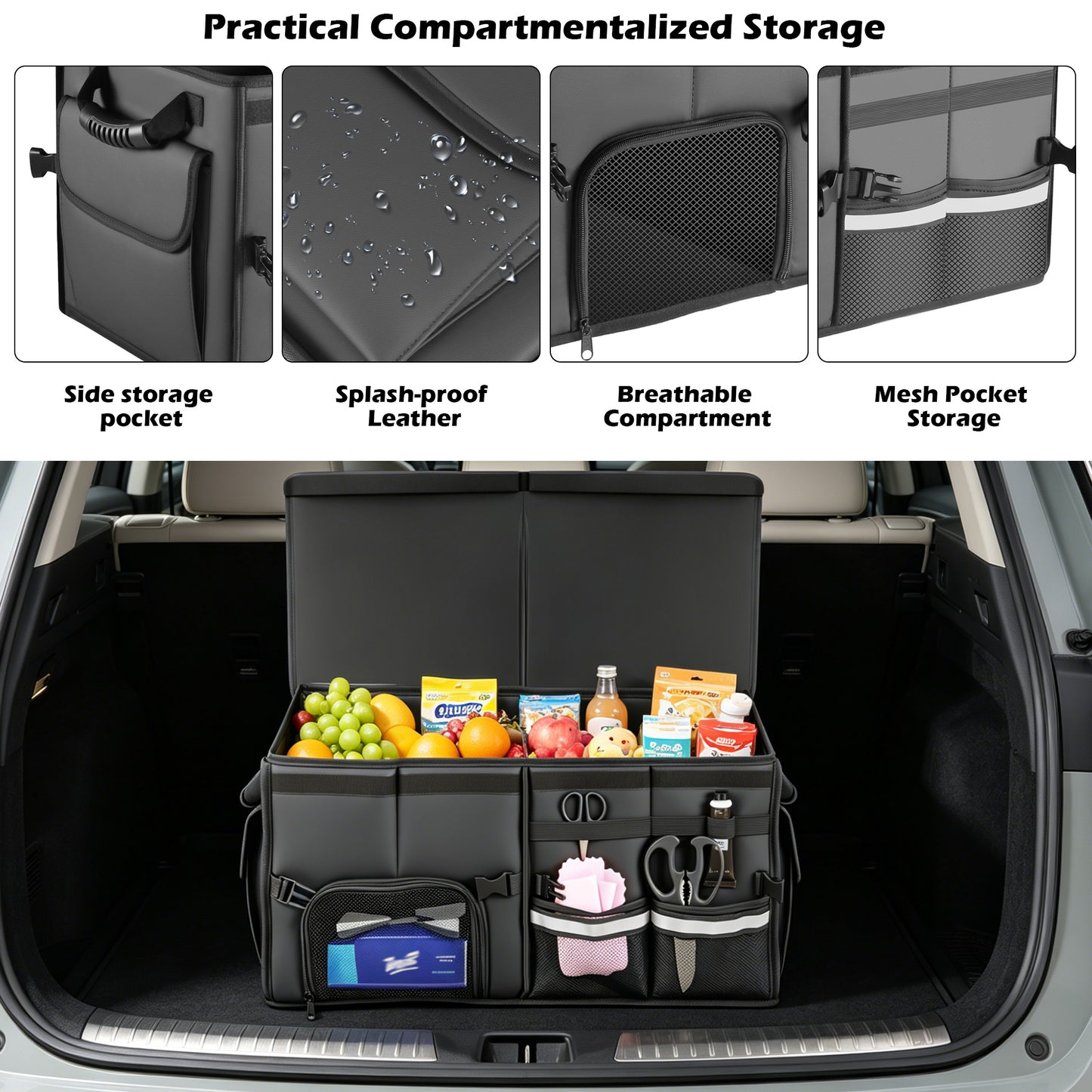 Trunk Organizer Car Organizer Leather Storage Box 2-grid Foldable | For SUVs & Pickup Truck Sedans Sturdy Organization for Car Accessories, Tools Sundries Collapsible and Adjustable 23.6 Inch