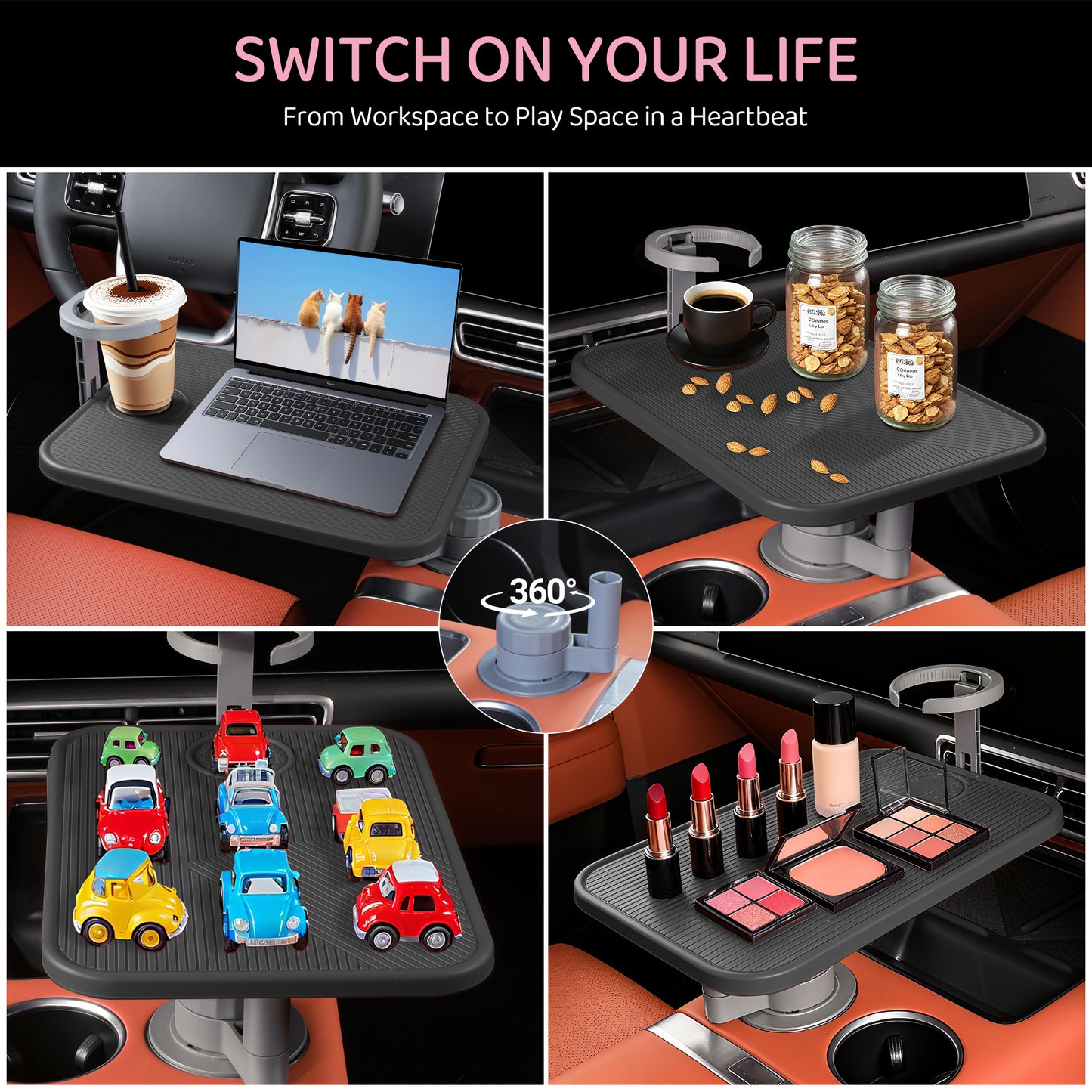 360° Rotating Wood Car Table Tray With Cup Holder Aluminum Mount Steering Wheel Laptop Desk for Most Vehicles