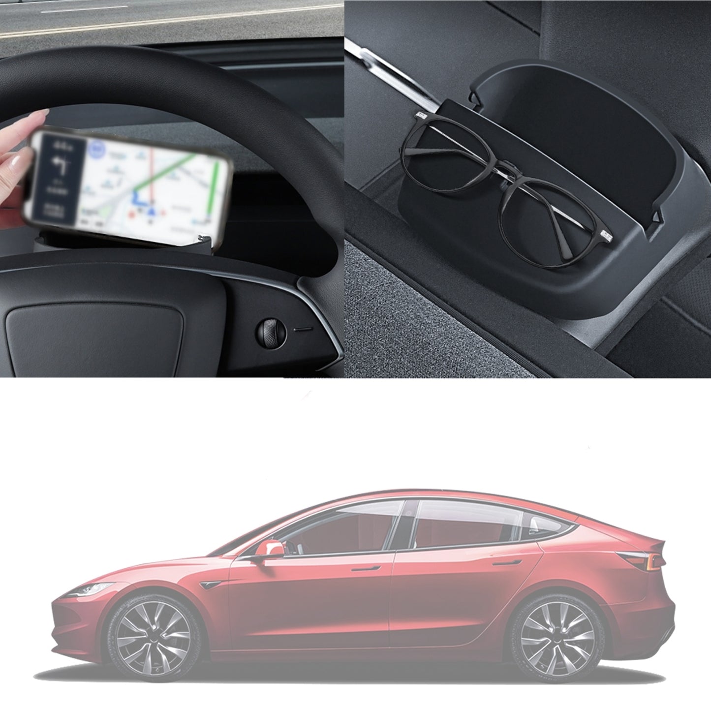 Steering Wheel Storage Box with Silicone Mobile Phone Holder and Glasses Storage for 2024 New Model 3 Highland Accessories