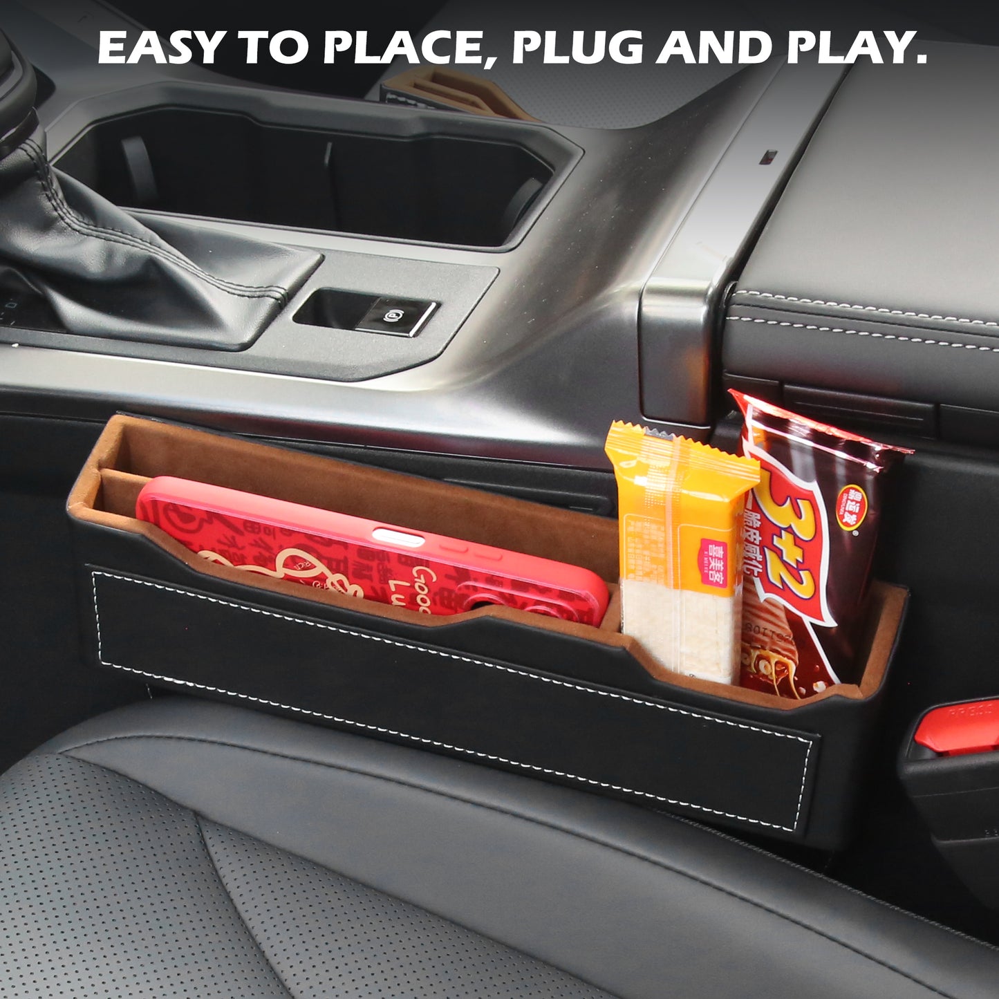 2-Pack Black Obsidian Car Seat Gap Filler - Premium Leather Wrapped Wood Organizer with Flocked Finish Universal Fit for Car SUV Truck Anti-Drop Console Side Storage Interior Accessories