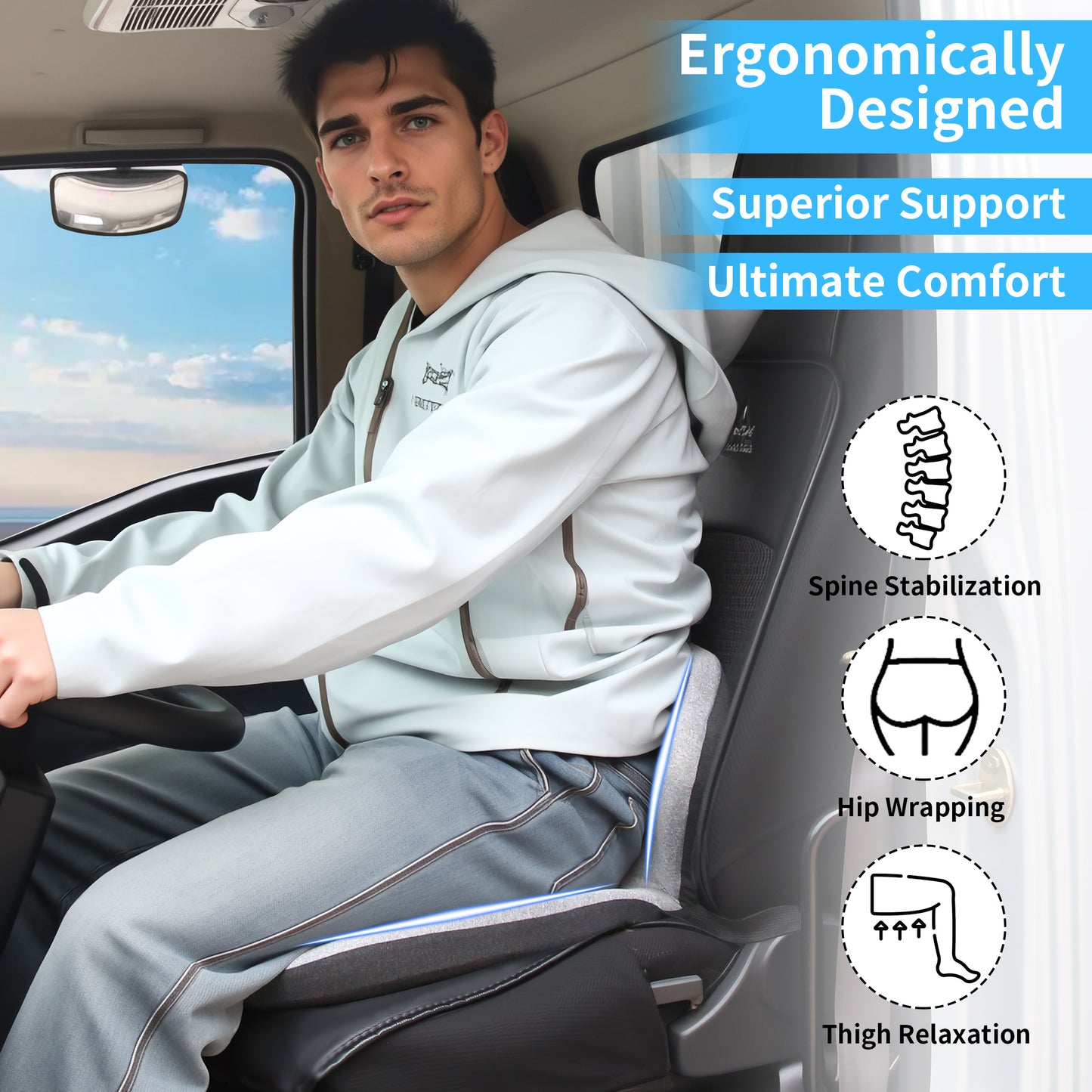 Memory Foam Truck Seat Cushion & Lumbar Support Set – Ergonomic U-Shape Tailbone Relief + L-Shape Back Cushion for Long-Haul Semi/Pickup Drivers Breathathable Cover Non-Slip Bottom