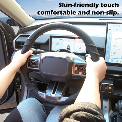 Leather Steering Wheel Cover – 14.5-15 in Universal Black, Perforated Breathable Grip, Anti-Slip Sport Ridge Pattern, Odor-Free Car Interior Upgrade for Cars Trucks SUVs