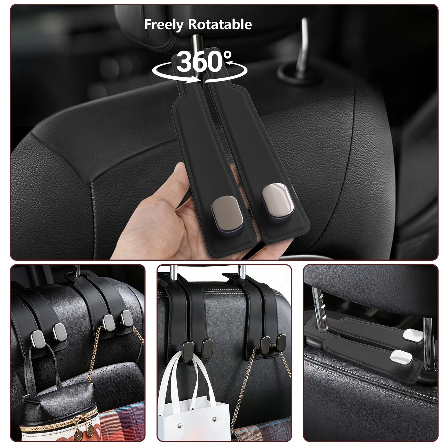 Purse Hook for Car -Universal Premium materials silicone and Aluminum-Magnesium Alloy Double Car Seat Back Storage Hook for Purses, Handbags, Bags (2 Pack) Black