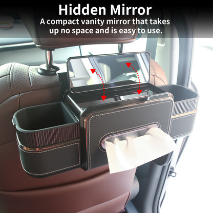 Rear Seat Cup Holder Back Seat Car Organizer 6 in 1 Multifunctional Car Back Seat Storage Box with Drink Cup Holder Tissue Box for Car Phone Holder Snacks Drinks Handbag Makeup Mirror Black