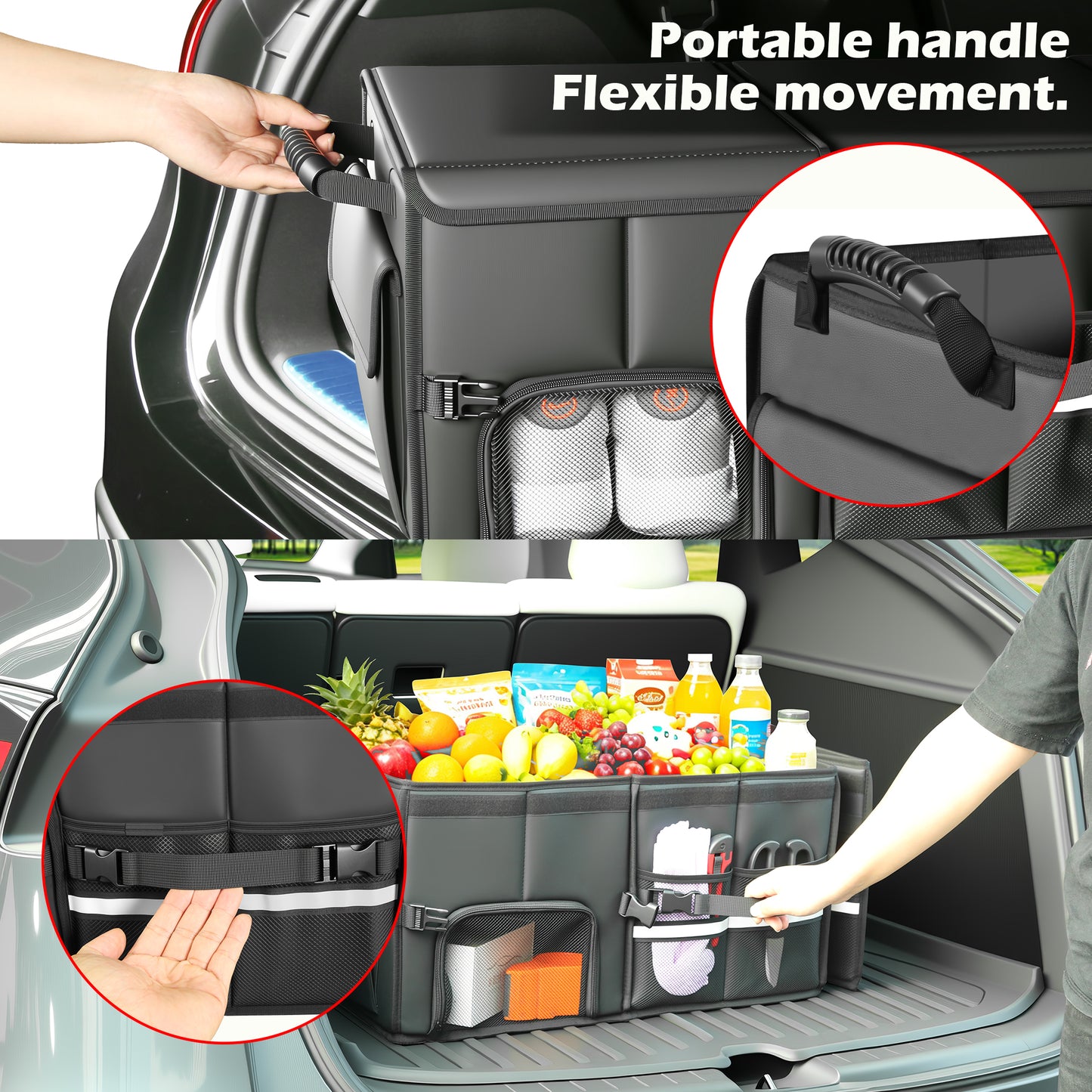 Trunk Organizer Car Organizer Leather Storage Box 3-grid Foldable | For SUVs & Pickup Truck Sedans Sturdy Organization for Car Accessories, Tools Sundries Collapsible and Adjustable 35.5 Inch