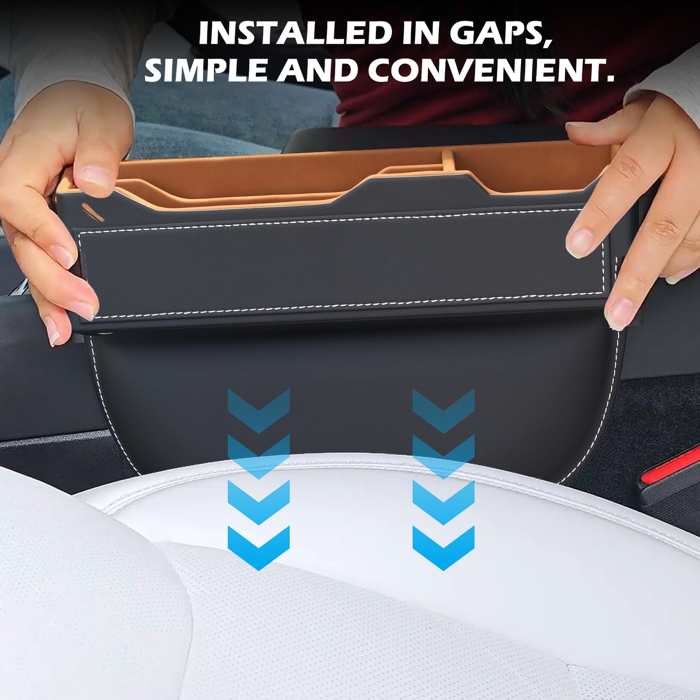 2-Pack Black Obsidian Car Seat Gap Filler - Premium Leather Wrapped Wood Organizer with Flocked Finish Universal Fit for Car SUV Truck Anti-Drop Console Side Storage Interior Accessories