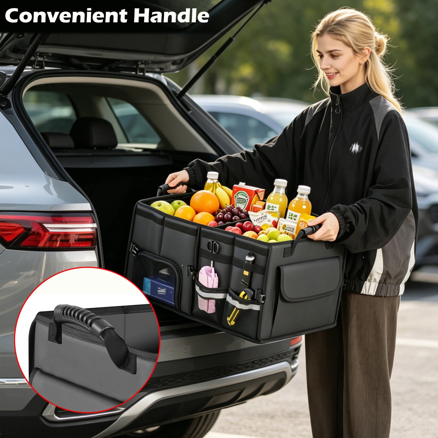 Trunk Organizer Car Organizer Leather Storage Box 2-grid Foldable | For SUVs & Pickup Truck Sedans Sturdy Organization for Car Accessories, Tools Sundries Collapsible and Adjustable 23.6 Inch