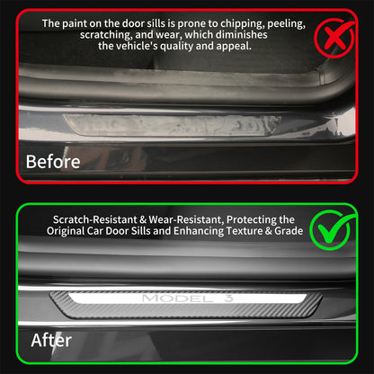 4PCS Door Sill Guards Kit ABS Carbon Fiber Aluminum Alloy Fits for Tesla Model Y/3 Anti-Kick Protection for Your Original Vehicle