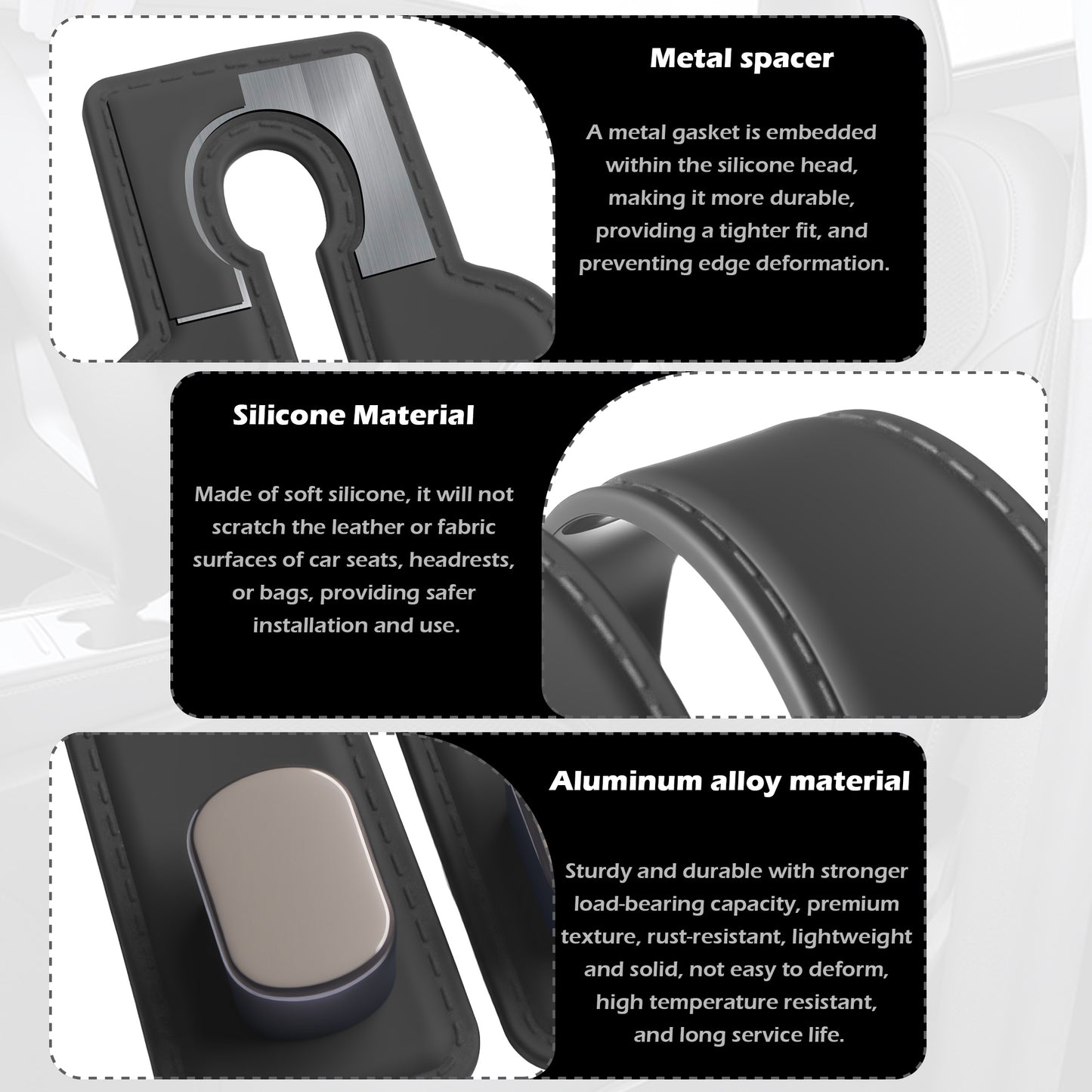 Purse Hook for Car -Universal Premium materials silicone and Aluminum-Magnesium Alloy Double Car Seat Back Storage Hook for Purses, Handbags, Bags (2 Pack) Black