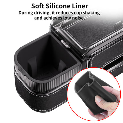 Rear Seat Cup Holder Back Seat Car Organizer 6 in 1 Multifunctional Car Back Seat Storage Box with Drink Cup Holder Tissue Box for Car Phone Holder Snacks Drinks Handbag Makeup Mirror Black