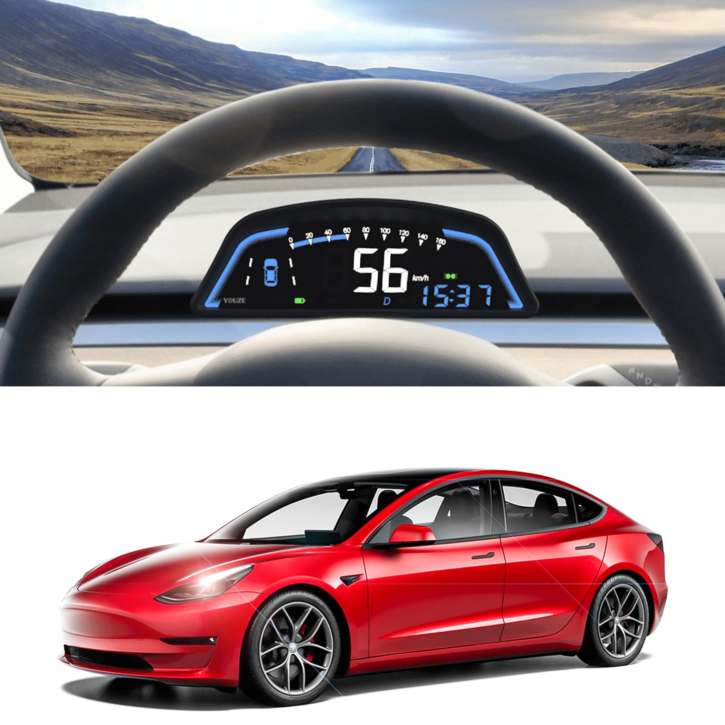 tesla model 3 Y 2022 2023 2021 s3xy all air stopwatch multi function speed lights turn signal grear speedometer hud real time driving data must have accessories accessory aftermarket price standard long range performance sr+ electric car rwd ev interior exterior diy decoration price elon musk black white red blue