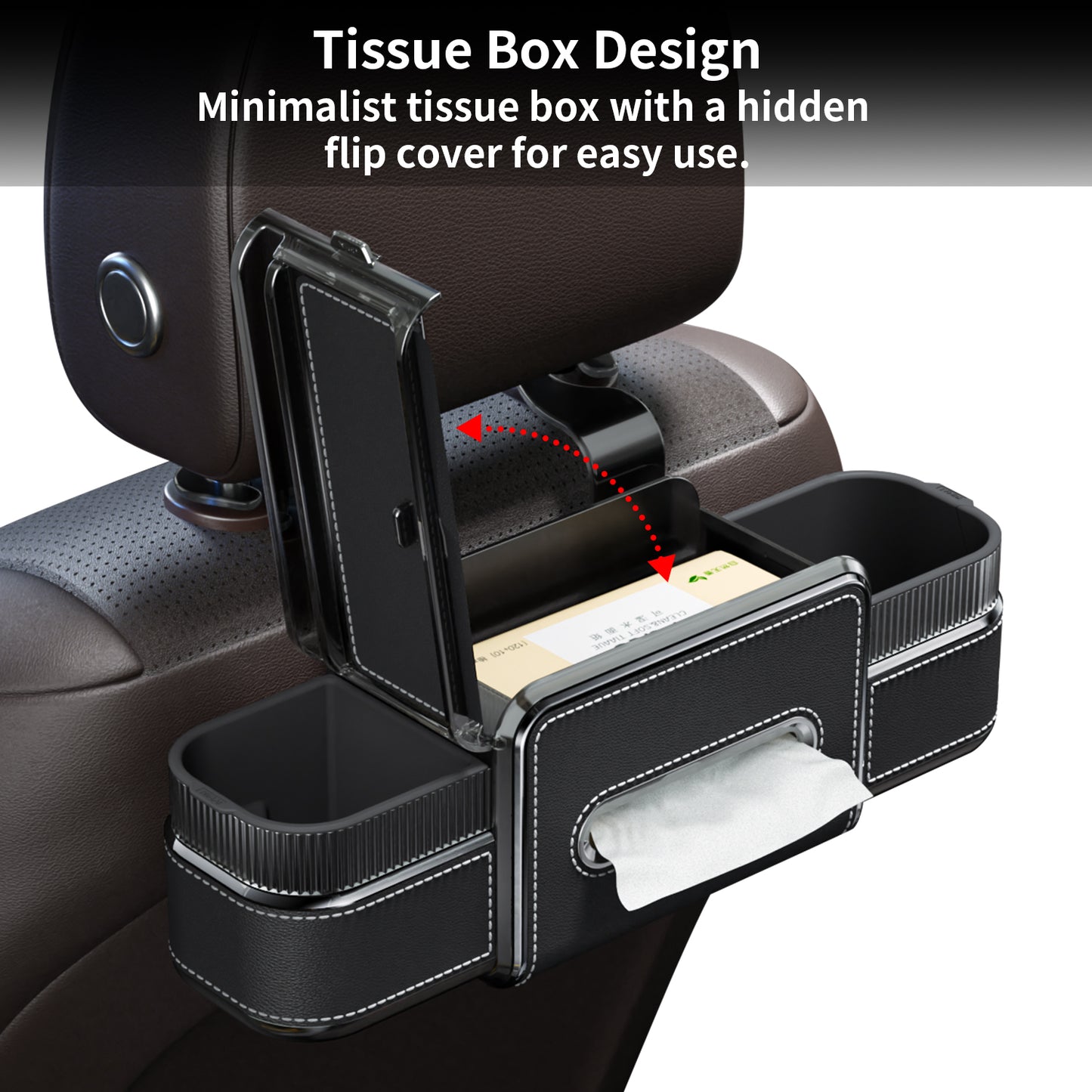 Rear Seat Cup Holder Back Seat Car Organizer 6 in 1 Multifunctional Car Back Seat Storage Box with Drink Cup Holder Tissue Box for Car Phone Holder Snacks Drinks Handbag Makeup Mirror Black