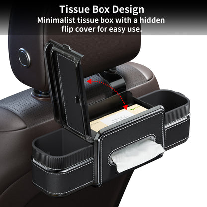 Rear Seat Cup Holder Back Seat Car Organizer 6 in 1 Multifunctional Car Back Seat Storage Box with Drink Cup Holder Tissue Box for Car Phone Holder Snacks Drinks Handbag Makeup Mirror Black