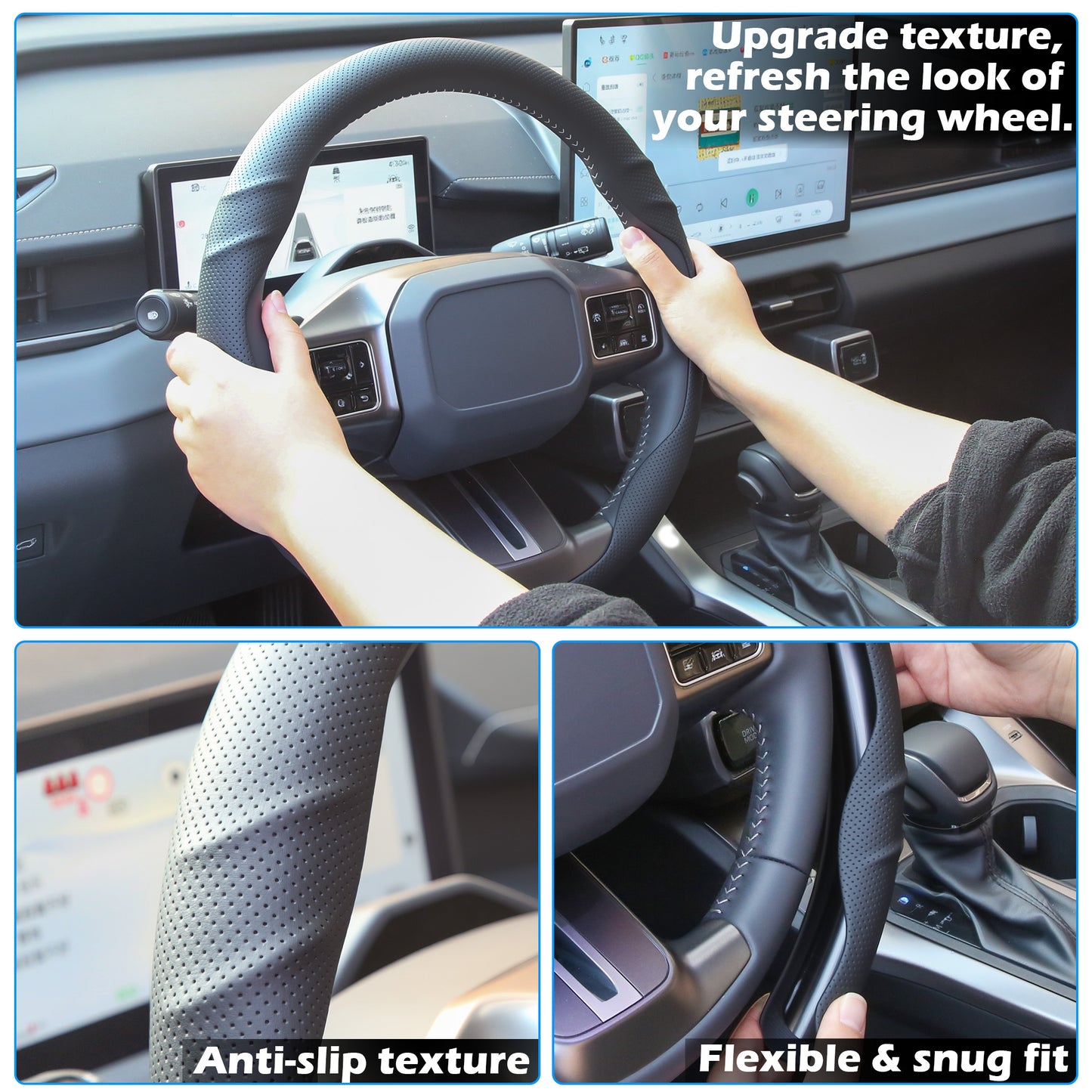 Leather Steering Wheel Cover – 14.5-15 in Universal Black, Perforated Breathable Grip, Anti-Slip Sport Ridge Pattern, Odor-Free Car Interior Upgrade for Cars Trucks SUVs