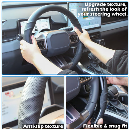 Leather Steering Wheel Cover – 14.5-15 in Universal Black, Perforated Breathable Grip, Anti-Slip Sport Ridge Pattern, Odor-Free Car Interior Upgrade for Cars Trucks SUVs