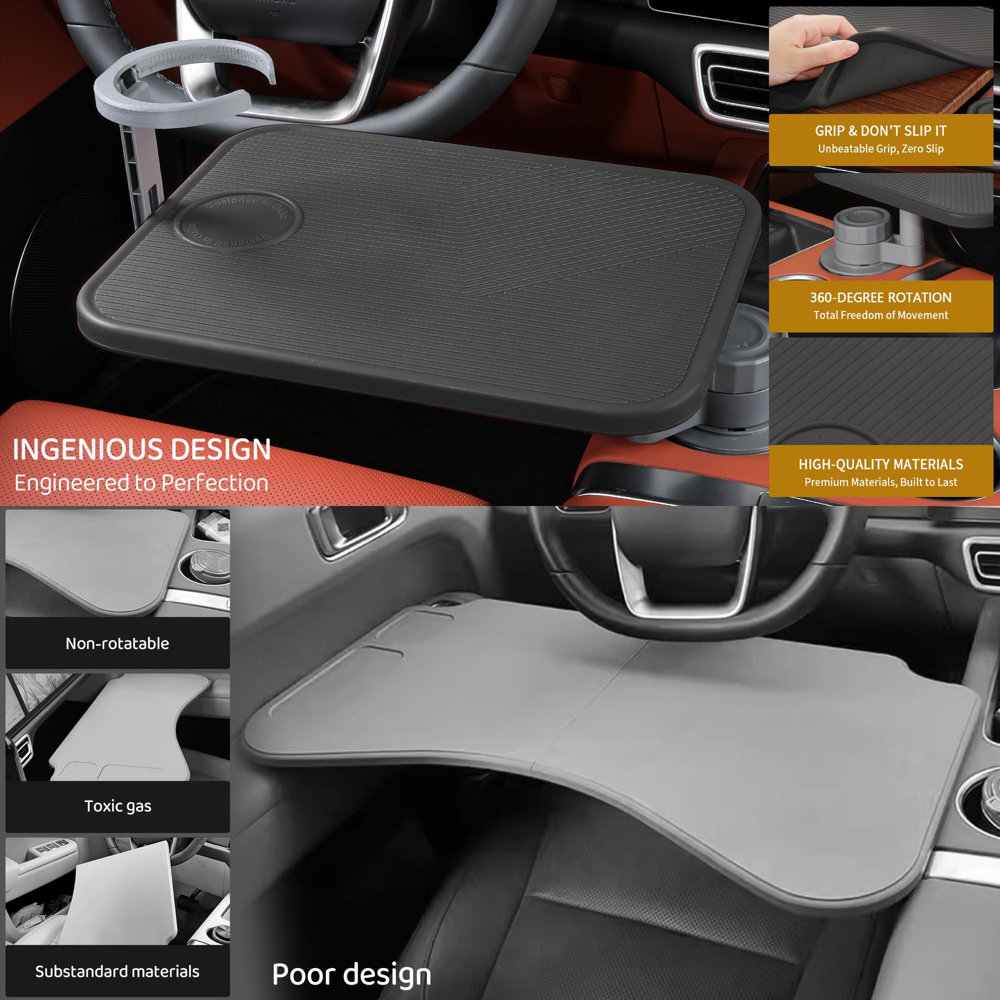 360° Rotating Wood Car Table Tray With Cup Holder Aluminum Mount Steering Wheel Laptop Desk for Most Vehicles