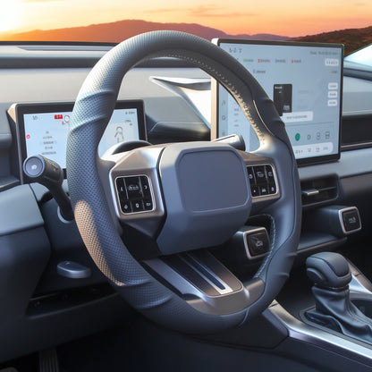 Leather Steering Wheel Cover – 14.5-15 in Universal Black, Perforated Breathable Grip, Anti-Slip Sport Ridge Pattern, Odor-Free Car Interior Upgrade for Cars Trucks SUVs