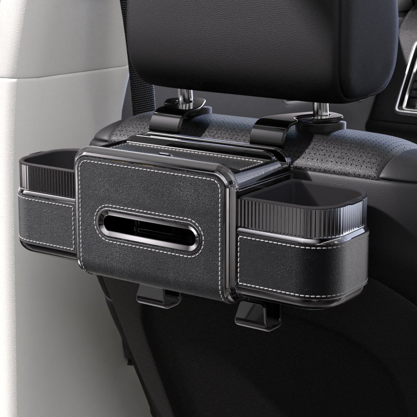 Rear Seat Cup Holder Back Seat Car Organizer 6 in 1 Multifunctional Car Back Seat Storage Box with Drink Cup Holder Tissue Box for Car Phone Holder Snacks Drinks Handbag Makeup Mirror Black